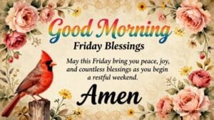 "Good Morning Friday blessing quote with floral border and cardinal bird image"