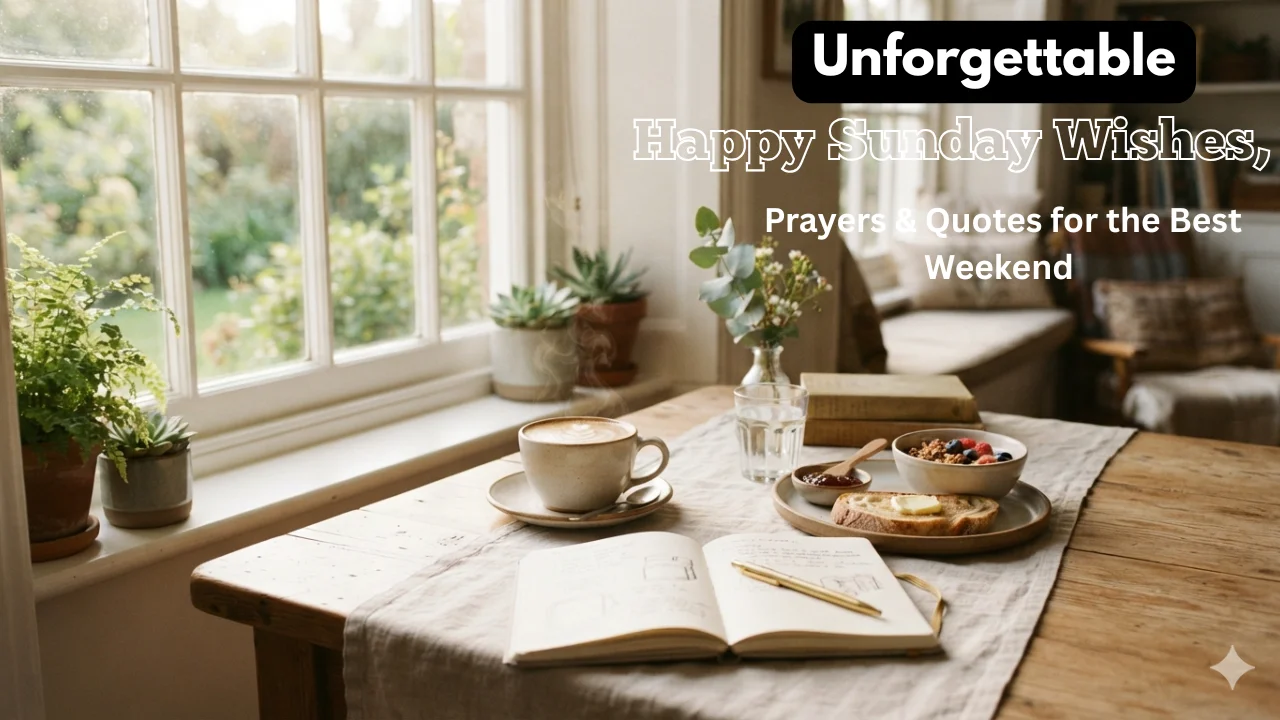 "Cozy Sunday morning breakfast table with coffee and journal"